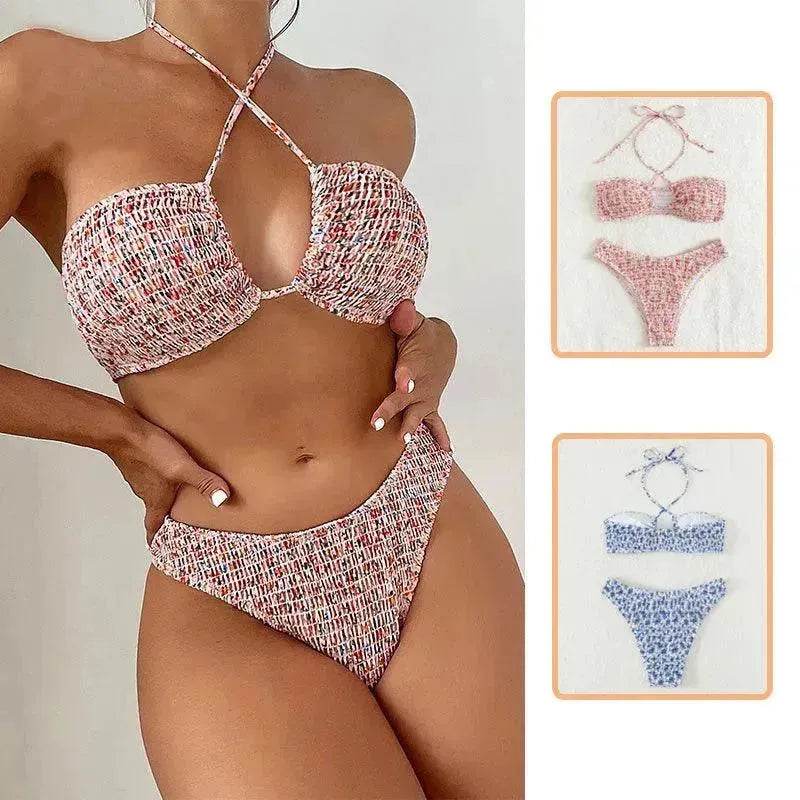Summer Flowers Print Pleated Design Bikini Set Beach Fashion Halter Neck Swimsuit Womens Clothing