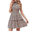 Summer Printed Halter Dress Fashion Boho Backless Ruffled A-Line Beach Dresses For Womens Clothing