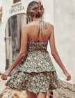 Summer Printed Halter Dress Fashion Boho Backless Ruffled A-Line Beach Dresses For Womens Clothing