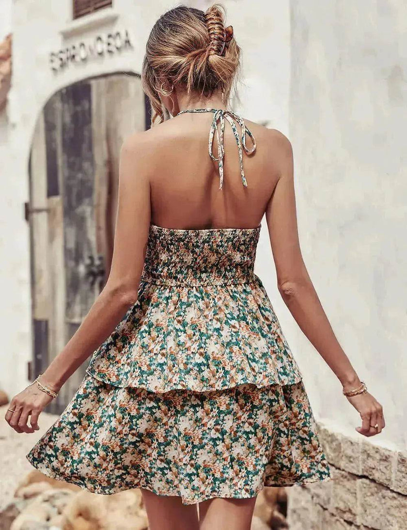 Summer Printed Halter Dress Fashion Boho Backless Ruffled A-Line Beach Dresses For Womens Clothing