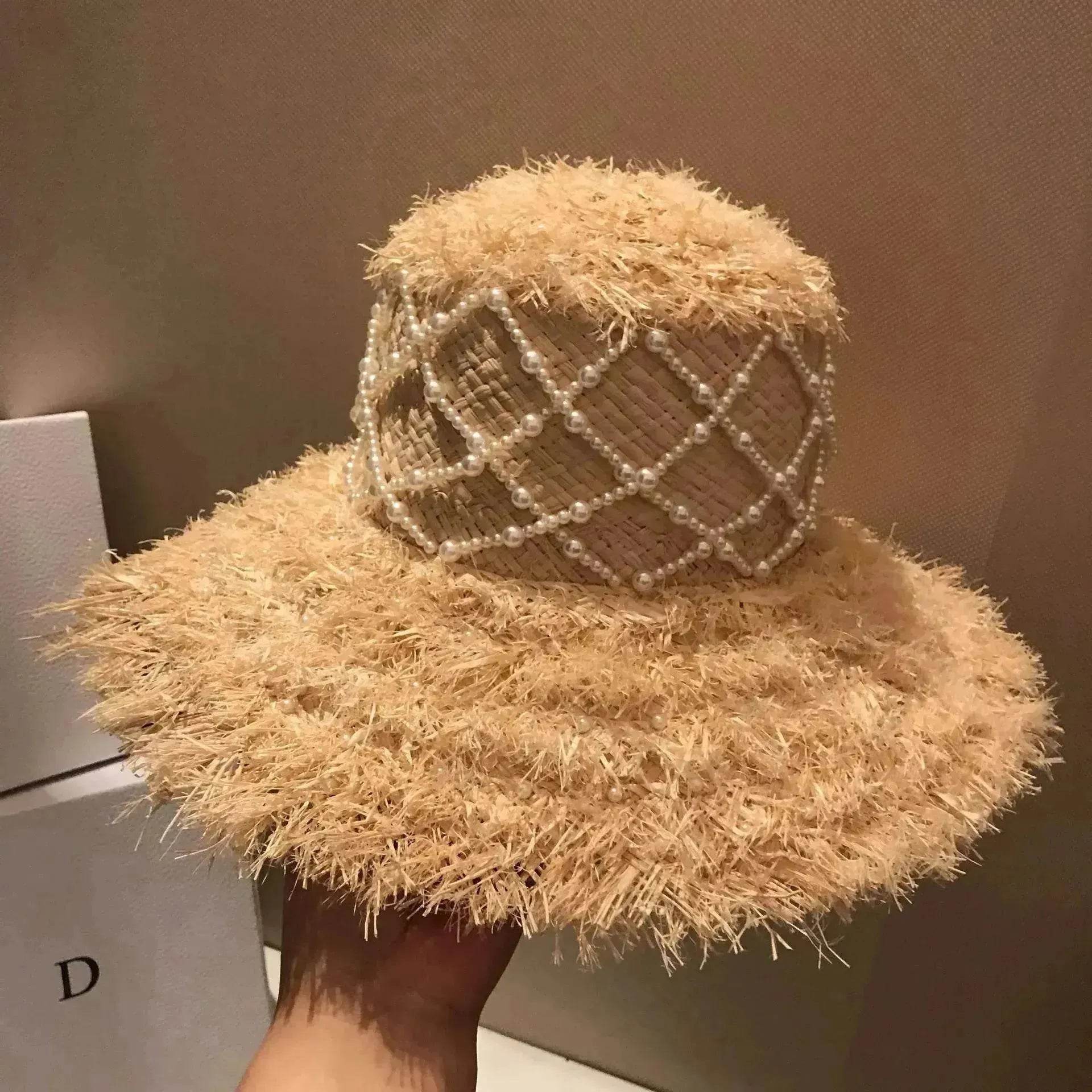 Summer Raffia Straw Hat Hand-stitched Pearl Hat