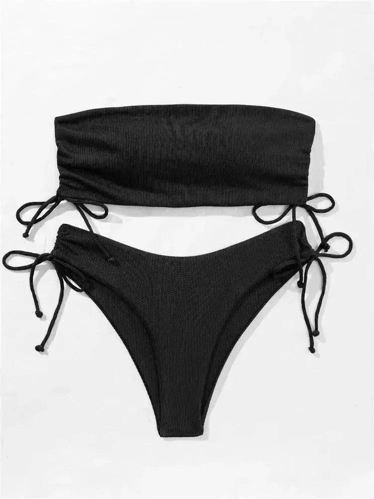 Summer Tube Bikini With Drawstring Design Solid Color Charming Swimsuit For Beach Party Womens Clothing