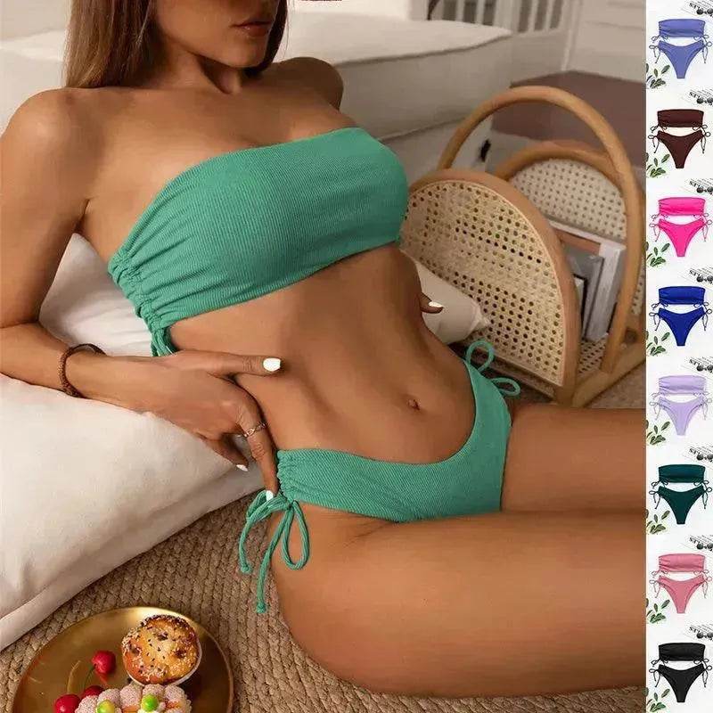 Summer Tube Bikini With Drawstring Design Solid Color Charming Swimsuit For Beach Party Womens Clothing