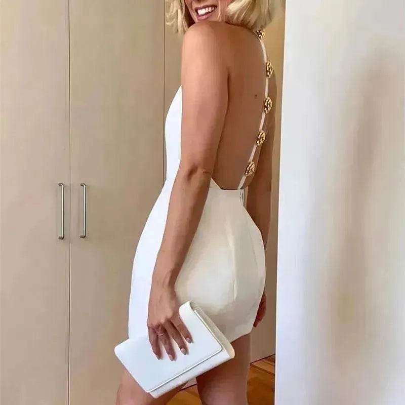 Sweet Sleeveless Backless Dress With Rose Button Design Summer Street Fashion Mini Dresses Women