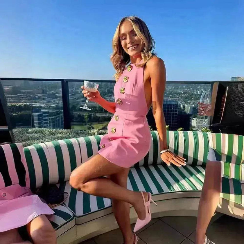 Sweet Sleeveless Backless Dress With Rose Button Design Summer Street Fashion Mini Dresses Women