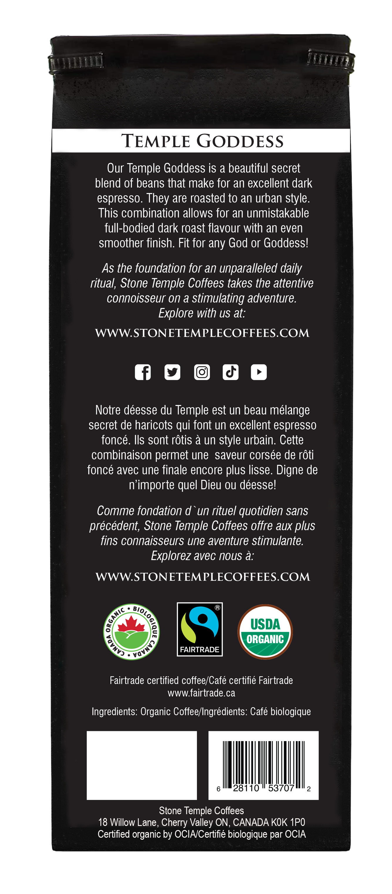 Temple Goddess - Whole Bean, Dark Espresso, Certified Organic OCIA/ Fairtrade Coffee 1lb/ 454g