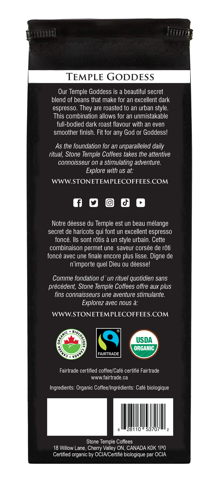 Temple Goddess - Whole Bean, Dark Espresso, Certified Organic OCIA/ Fairtrade Coffee 1lb/ 454g