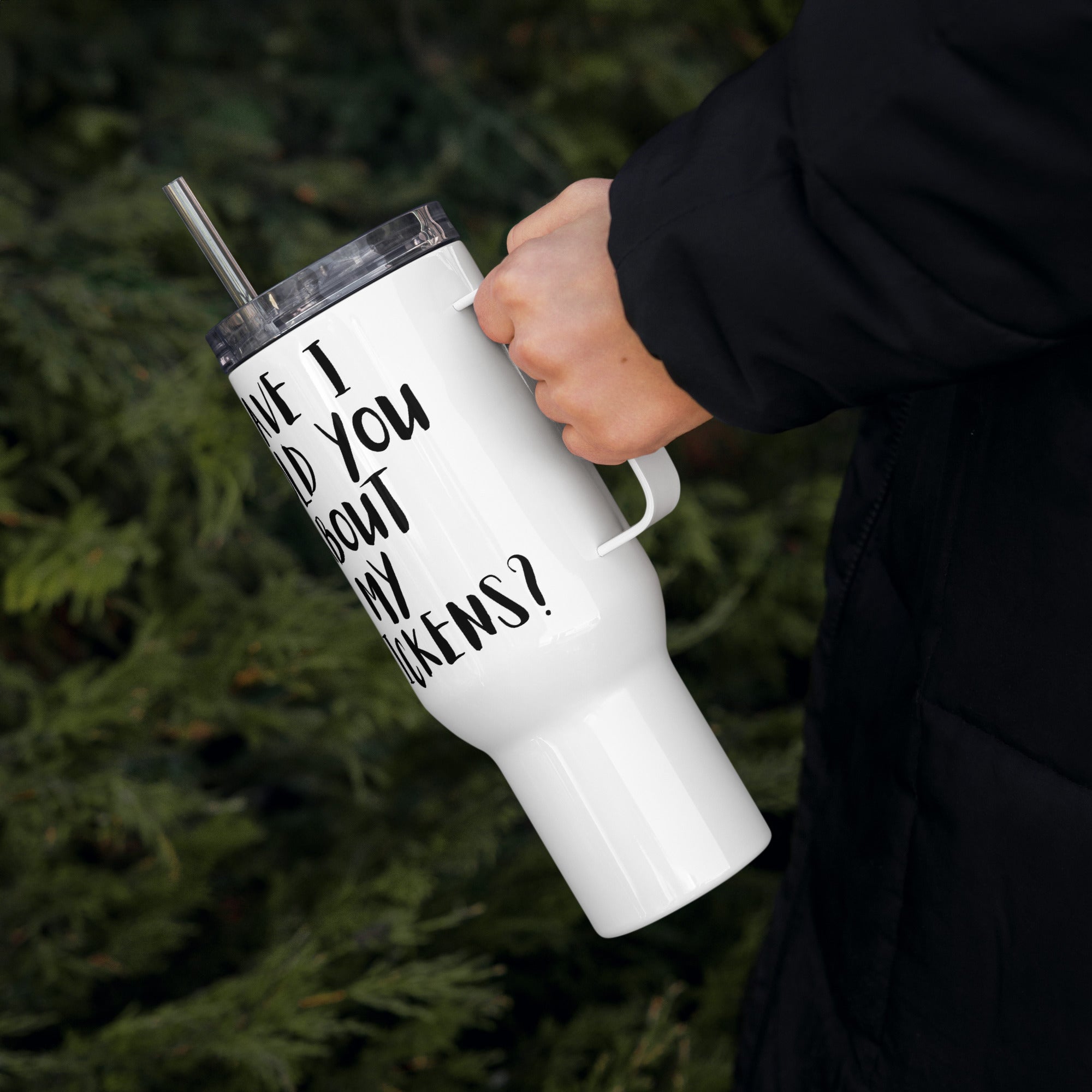 Chickens travel mug with a handle