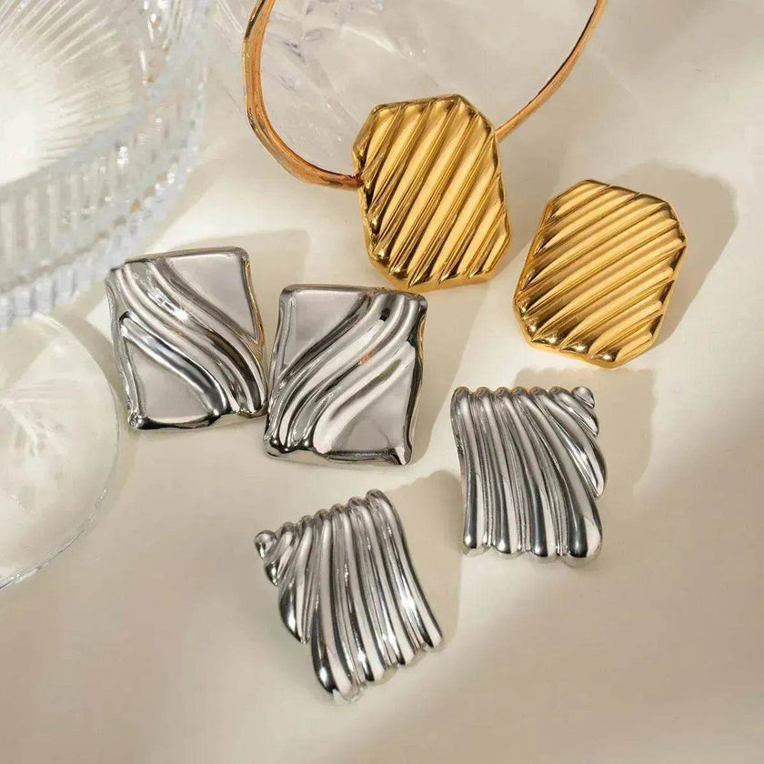 Trendy 18K Gold Stainless Steel Cube Wave Stud Earrings for Women Wedding Earrings