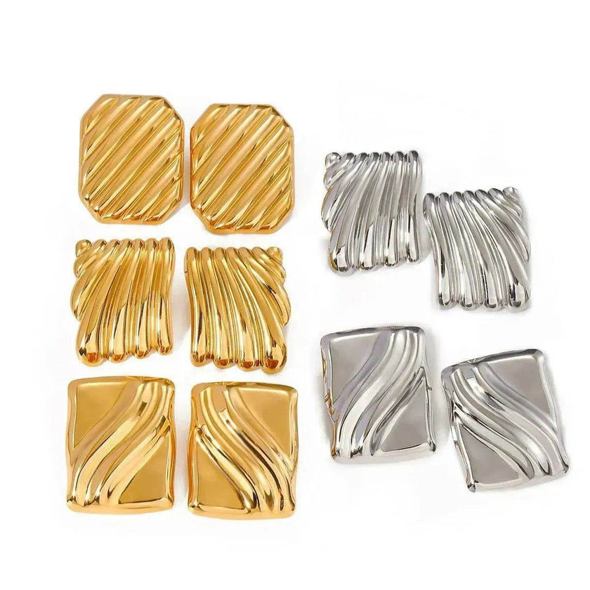 Trendy 18K Gold Stainless Steel Cube Wave Stud Earrings for Women Wedding Earrings