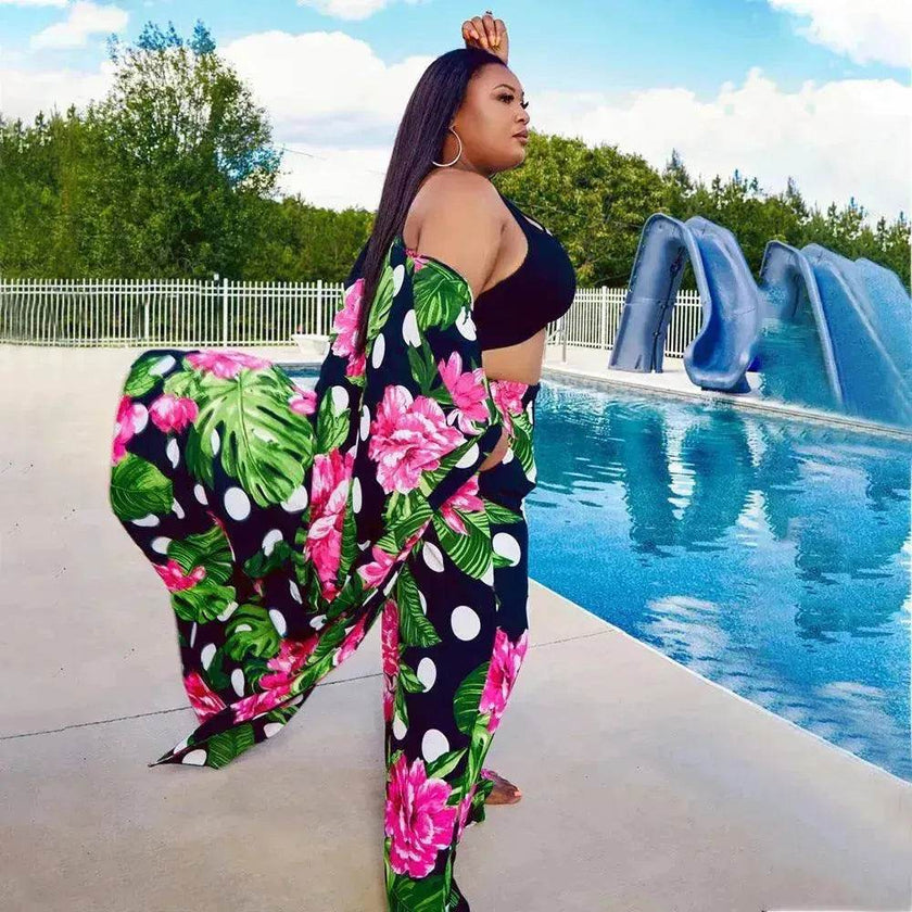 Trendy European and American Ruffle Sleeve Women's Printed Pants Coat Set