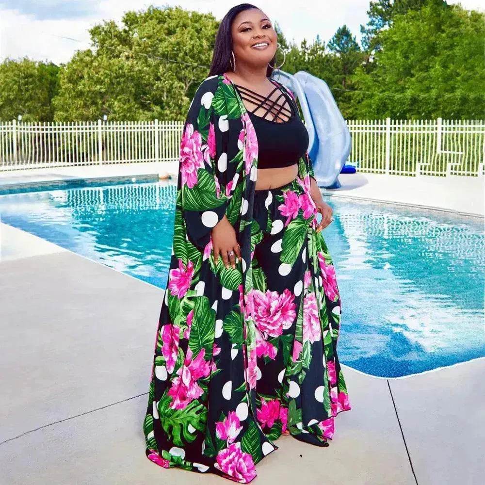 Trendy European and American Ruffle Sleeve Women's Printed Pants Coat Set