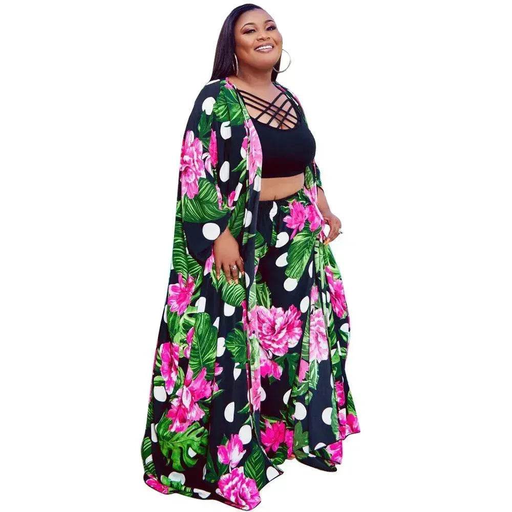 Trendy European and American Ruffle Sleeve Women's Printed Pants Coat Set