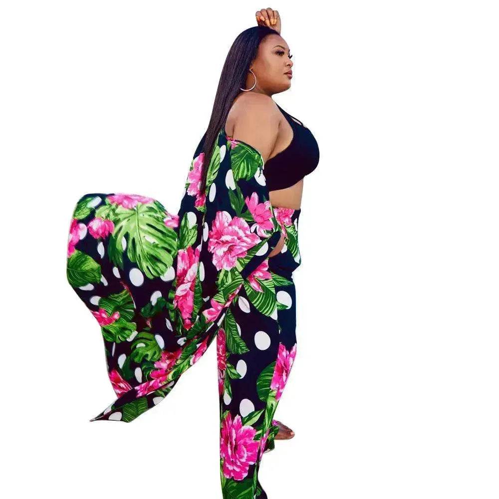 Trendy European and American Ruffle Sleeve Women's Printed Pants Coat Set