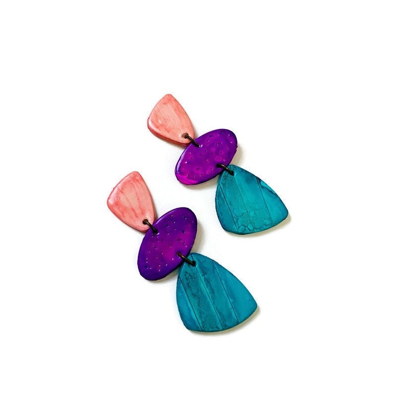 Tri Color Statement Earrings Post or Clip On- 