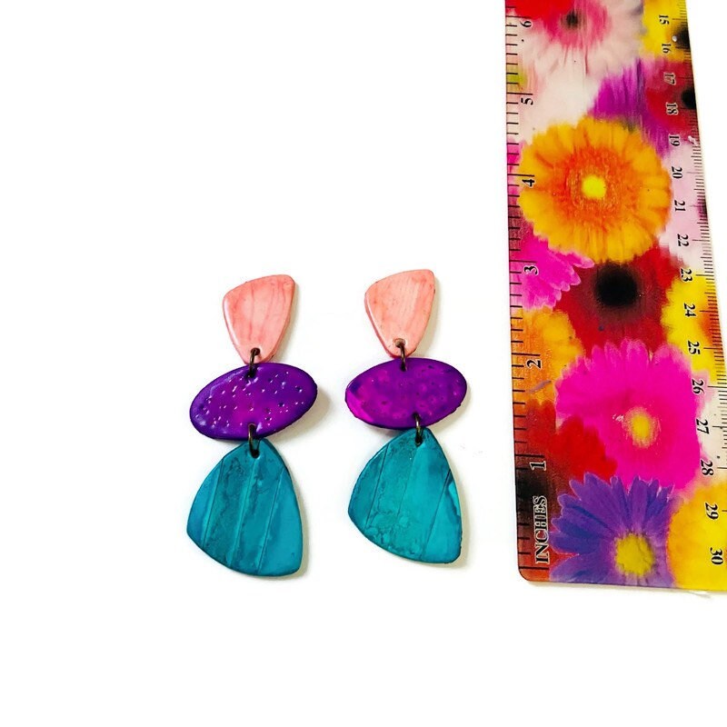 Tri Color Statement Earrings Post or Clip On- 