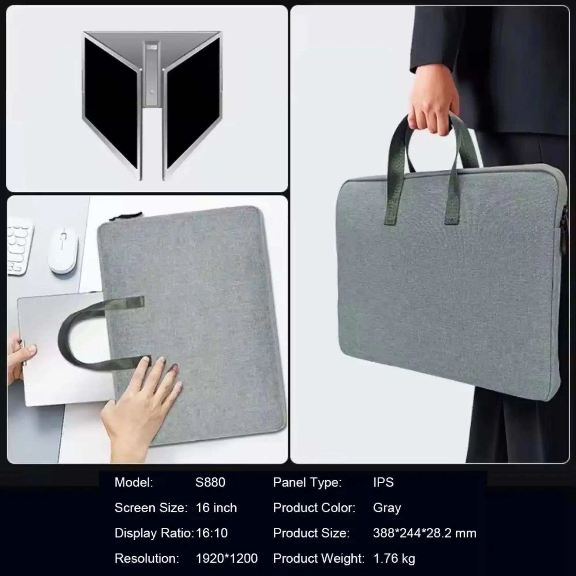 TUTT 16” Dual Portable Monitor | Single Cable Connection | 16:10 Ratio IPS, Stand-Alone Design | Windows, MacBook | S900
