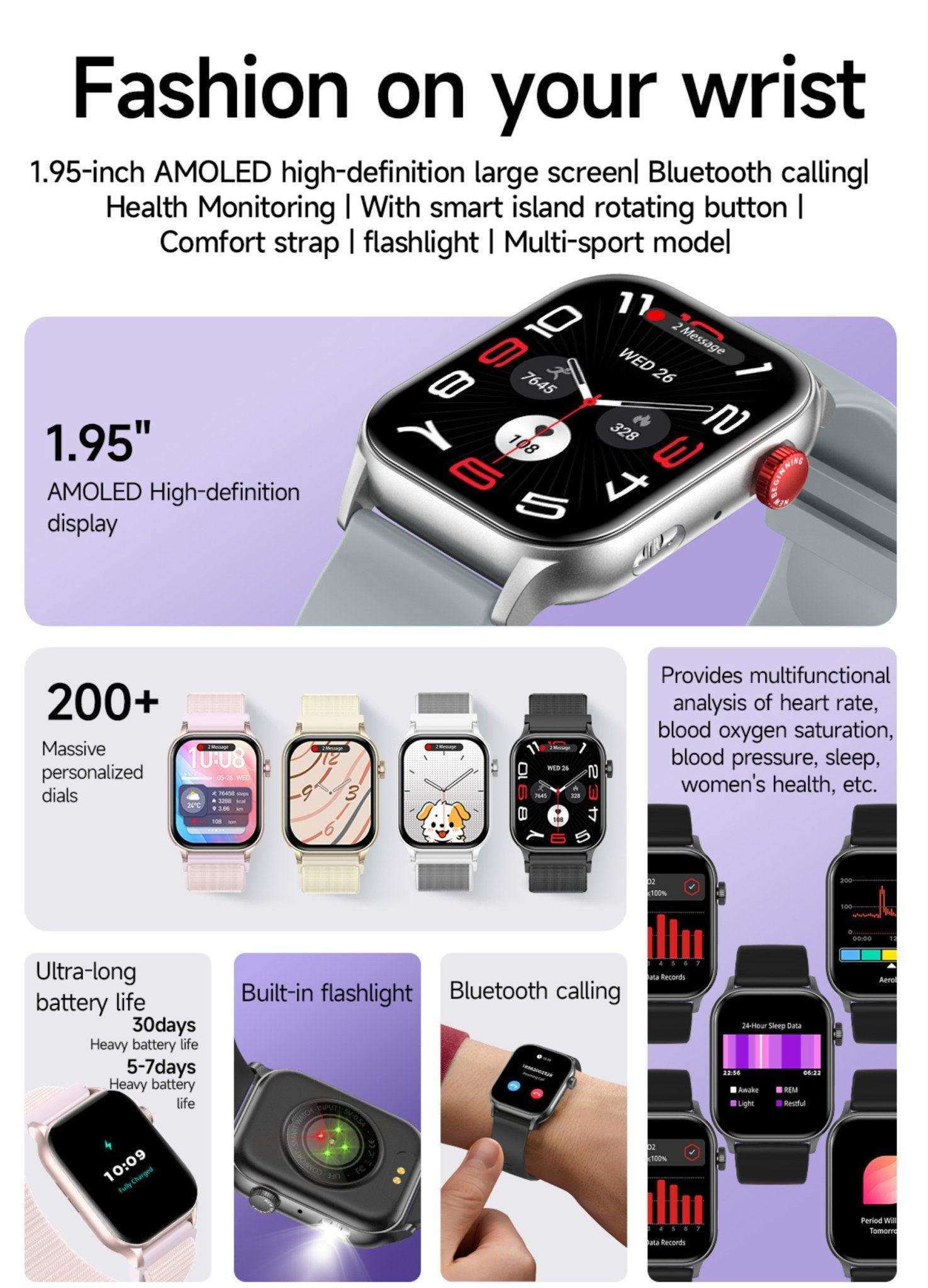 TUTT  Smartwatch for Men Women 1.95” AMOLED Screen | Flashlight BT Call Health and Fitness Tracking | K8
