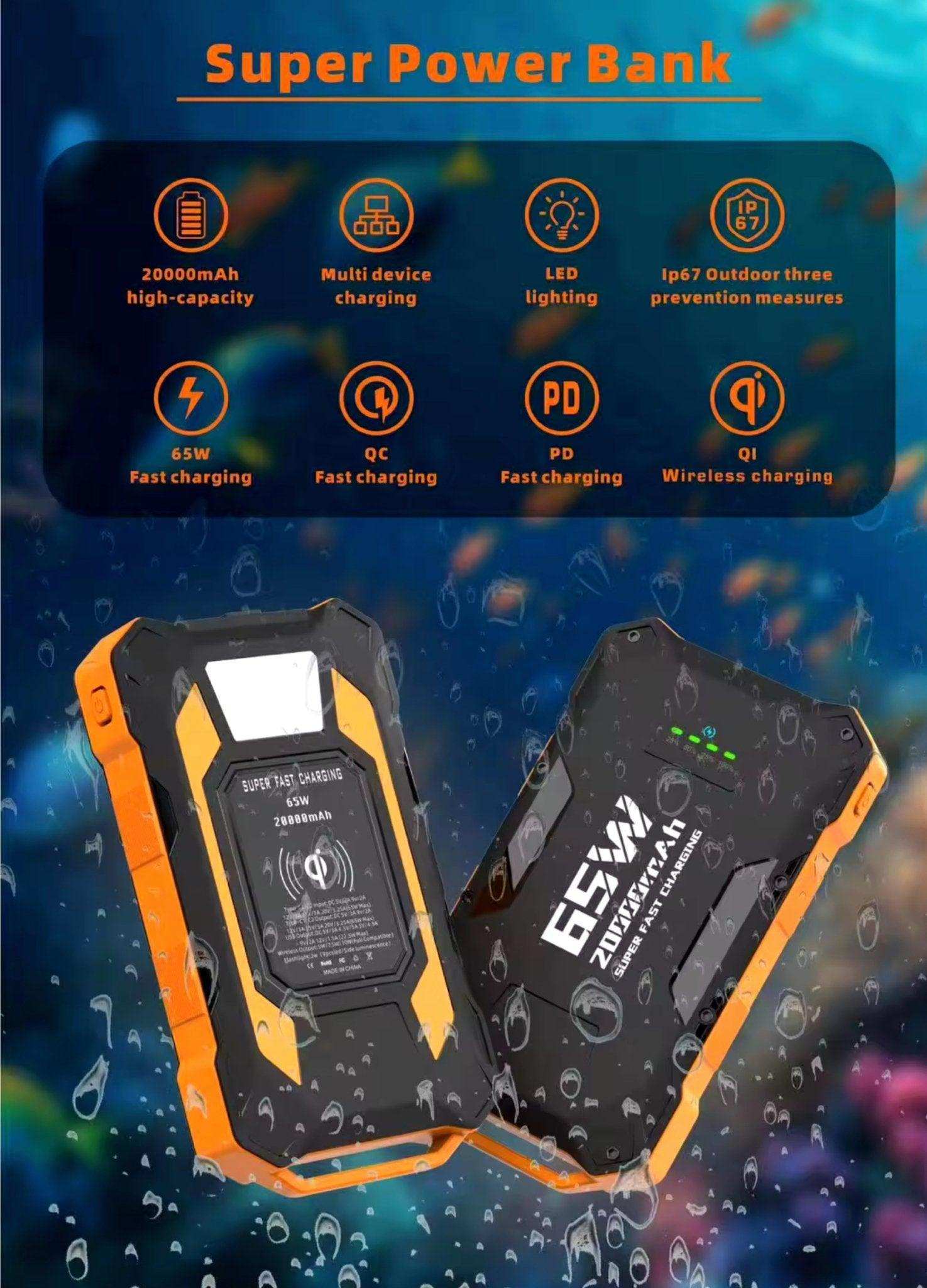 TUTT 20,000 mAh PD 65w Laptop Portable Rugged Power Bank | Fast Qi Wireless Charging | Emergency Flashlight | Outdoor Camping Charger | Notebook Tablet Smart Phone