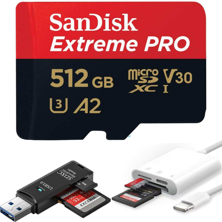 TUTT 3 in 1 | SanDisk Extreme PRO®  64/128/256/512GB 1TB Ultra microSDXC MicroSD Memory Card Speed 200MB/s Read | 90MB/s + Lightning to SD Card iPhone iPad + 2-in-1 SD Card Reader USB3.0 5Gbps