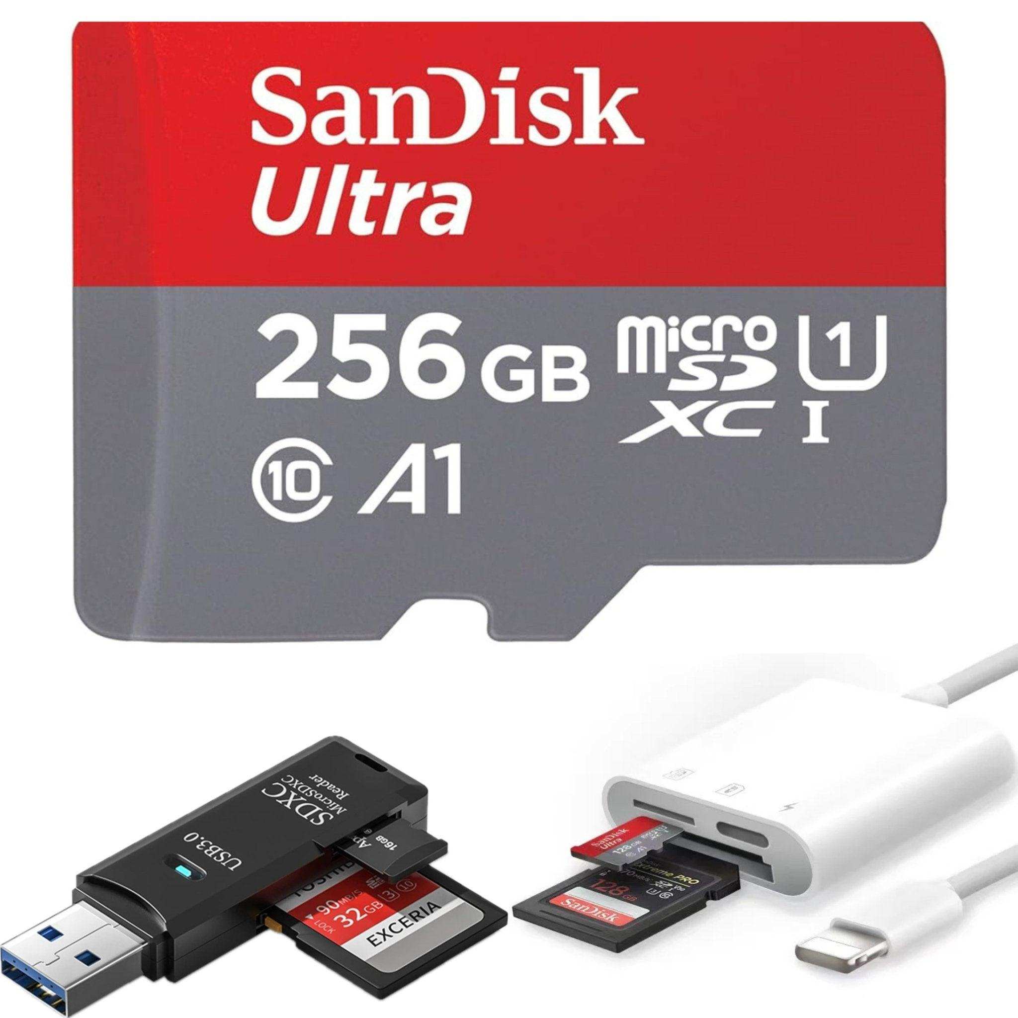 TUTT 3 in 1 | SanDisk Extreme PRO®  64/128/256/512GB 1TB Ultra microSDXC MicroSD Memory Card Speed 200MB/s Read | 90MB/s + Lightning to SD Card iPhone iPad + 2-in-1 SD Card Reader USB3.0 5Gbps