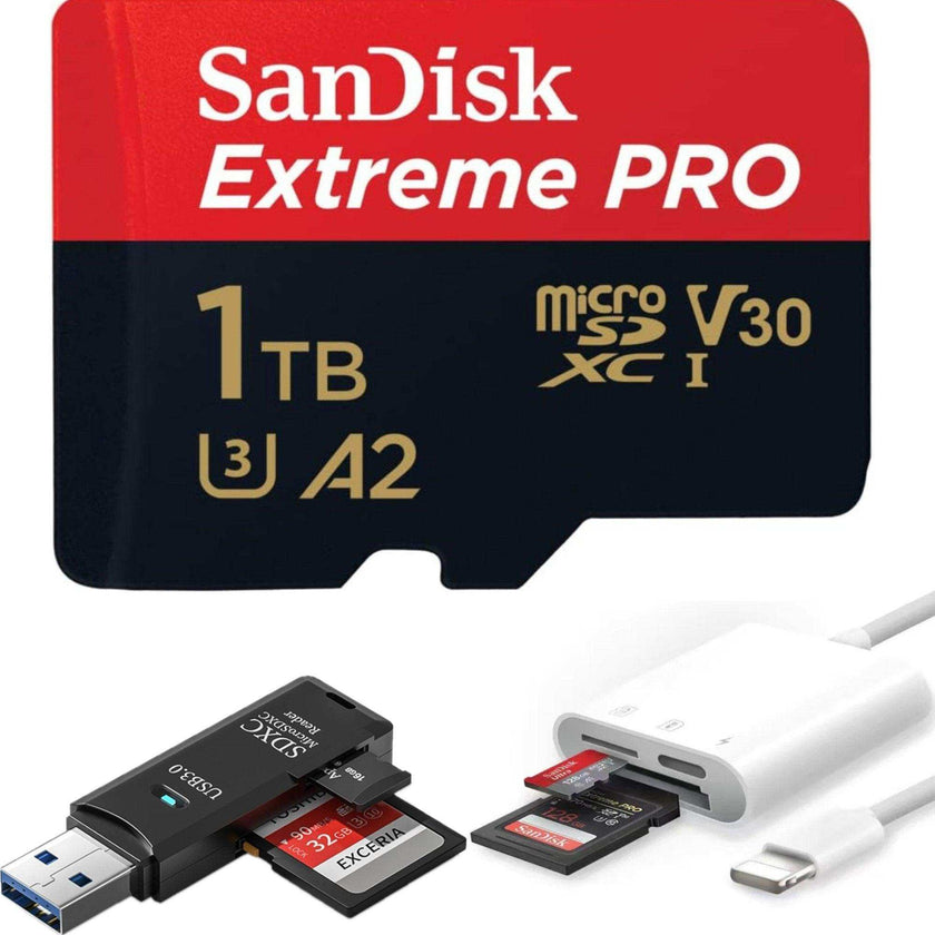 TUTT 3 in 1 | SanDisk Extreme PRO®  64/128/256/512GB 1TB Ultra microSDXC MicroSD Memory Card Speed 200MB/s Read | 90MB/s + Lightning to SD Card iPhone iPad + 2-in-1 SD Card Reader USB3.0 5Gbps