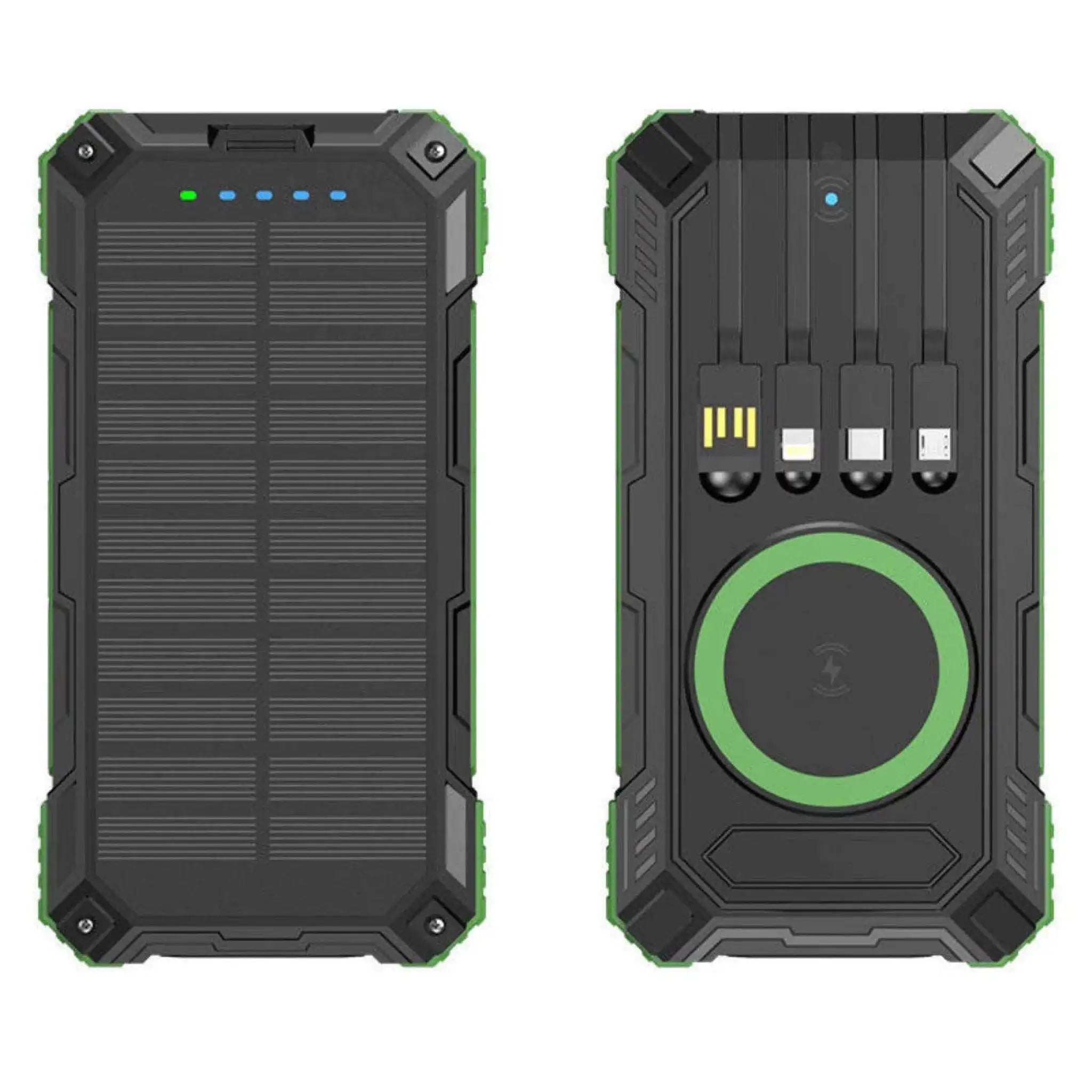 TUTT 30000mAh Portable Rugged Solar-Dual Mode Charging Waterproof Outdoor Power Bank | External Battery 4 Built-In USB Cables | Fast Wireless Charging | 7 Output With Flashlight SOS