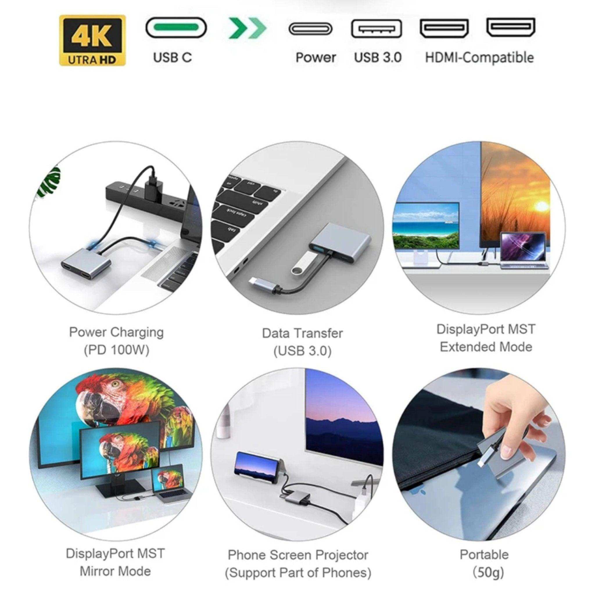 TUTT 4 In 1 4K Dual Monitor HDMI Video Type-C Hub Docking Station USB C To Dual 4K HDMI MST Adapter With 2 HDMI USB 3.0 and PD