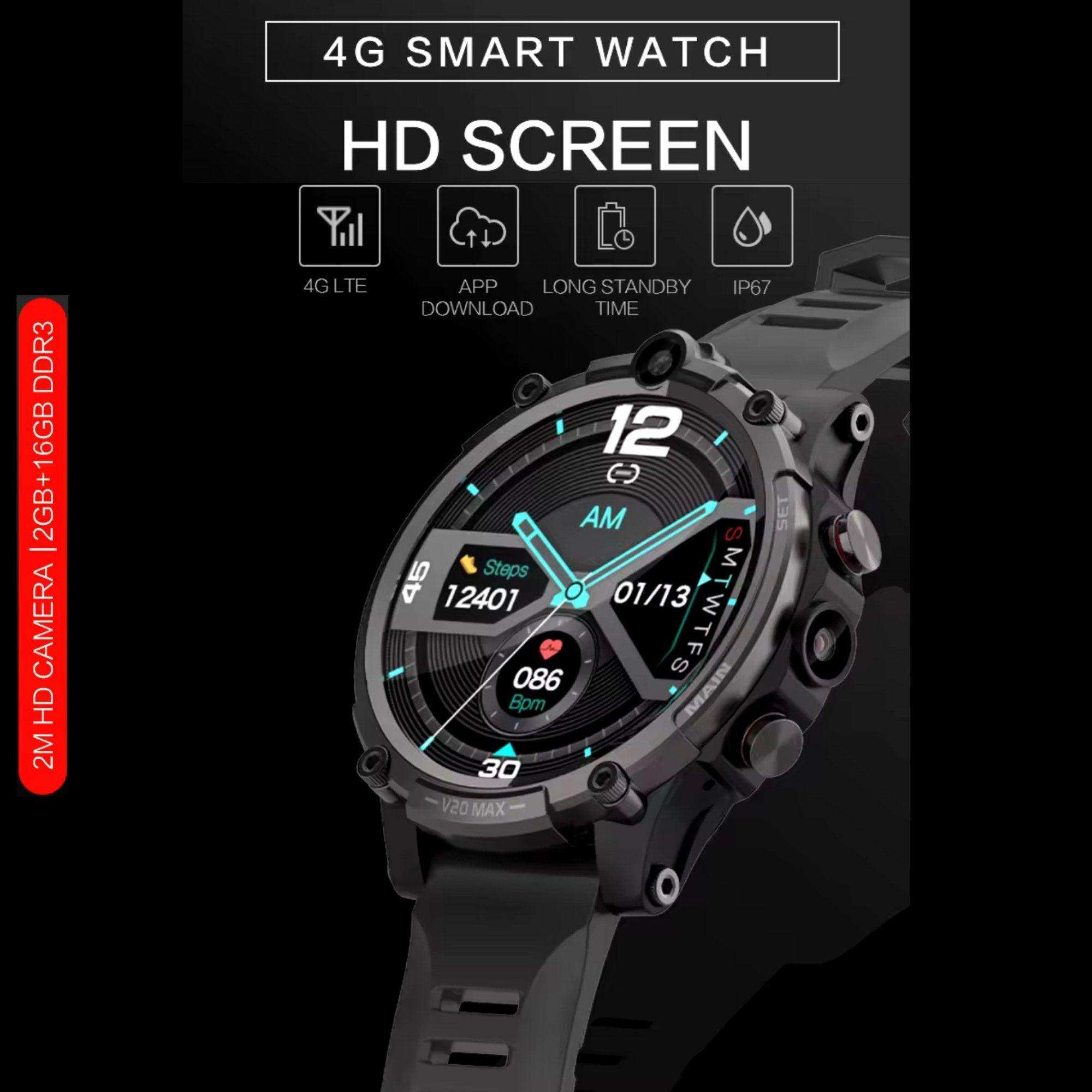 TUTT 4G Smart Watch Rugged with SIM Card | Dual Camera | 2GBRAM+16GBROM | V20 | Health and Fitness Tracker