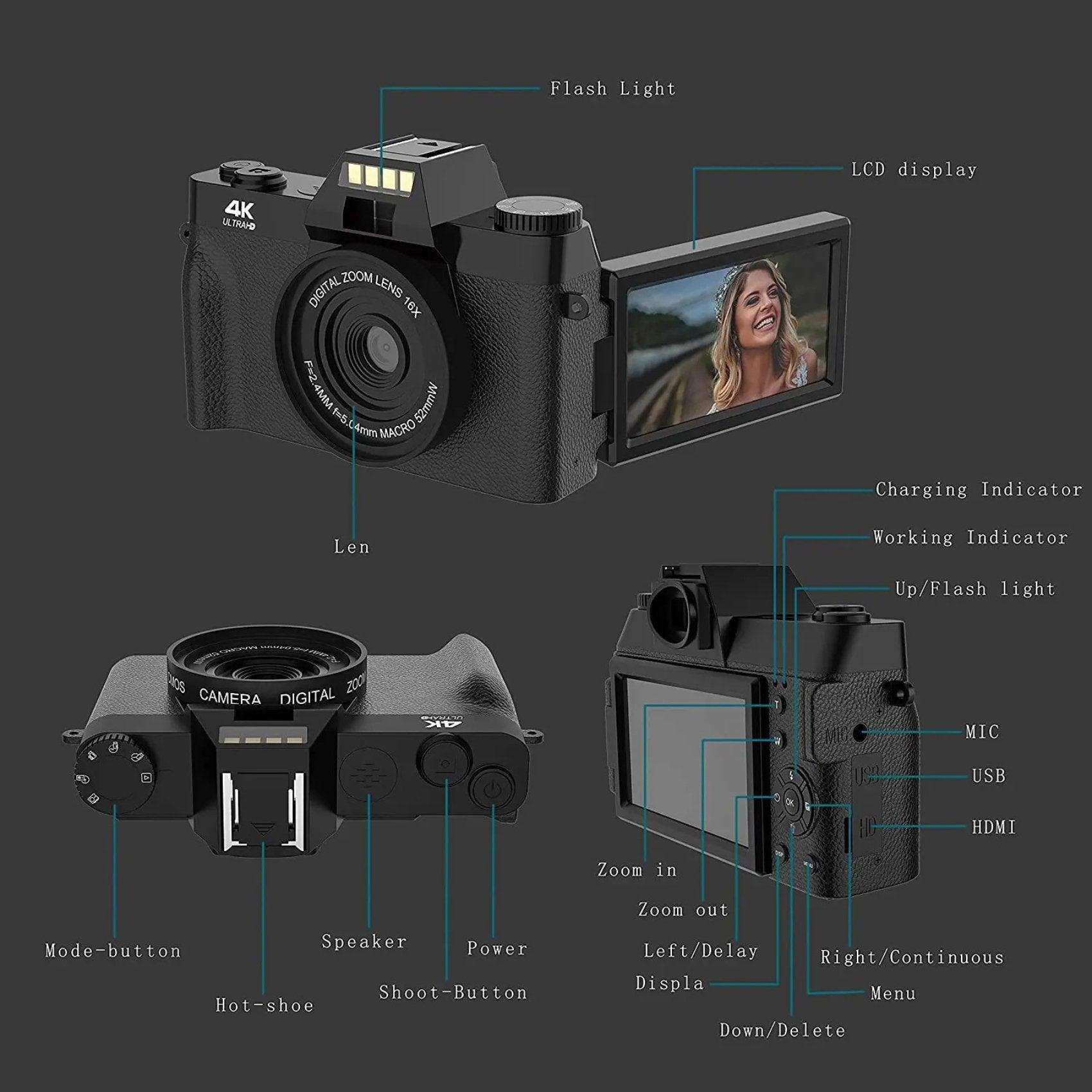 TUTT 4K 48MP Digital Camera for Vlogging 3.0’’ 180° Flip Screen, WiFi, 16X Digital Zoom, Wide Angle & Macro Lens Mic, Full Combo | 128GB SanDisk 3 in 1 SD/TF/Charging Kit