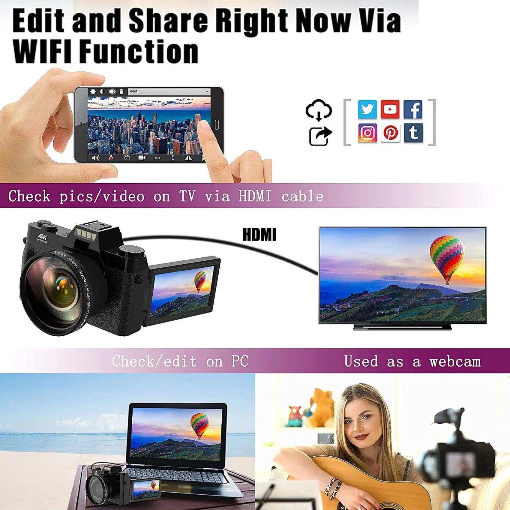 TUTT 4K 48MP Digital Camera for Vlogging 3.0’’ 180° Flip Screen, WiFi, 16X Digital Zoom, Wide Angle & Macro Lens Mic, Full Combo | 128GB SanDisk 3 in 1 SD/TF/Charging Kit