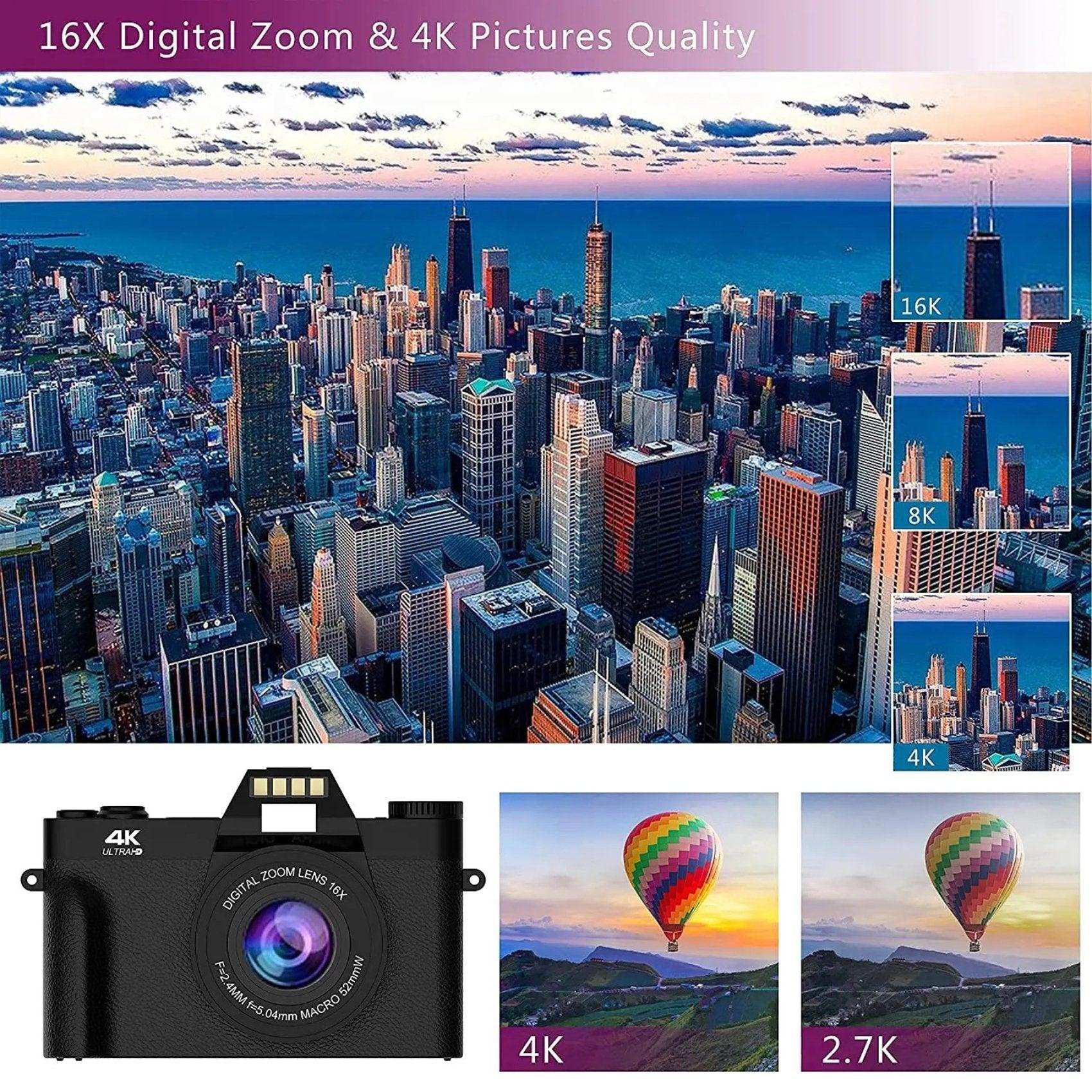TUTT 4K 48MP Digital Camera for Vlogging 3.0’’ 180° Flip Screen, WiFi, 16X Digital Zoom, Wide Angle & Macro Lens Mic, Full Combo | 128GB SanDisk 3 in 1 SD/TF/Charging Kit