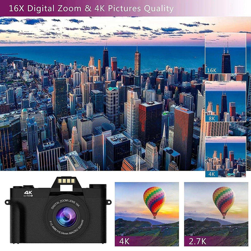 TUTT 4K 48MP Digital Camera for Vlogging 3.0’’ 180° Flip Screen, WiFi, 16X Digital Zoom, Wide Angle & Macro Lens Mic, Full Combo | 128GB SanDisk 3 in 1 SD/TF/Charging Kit