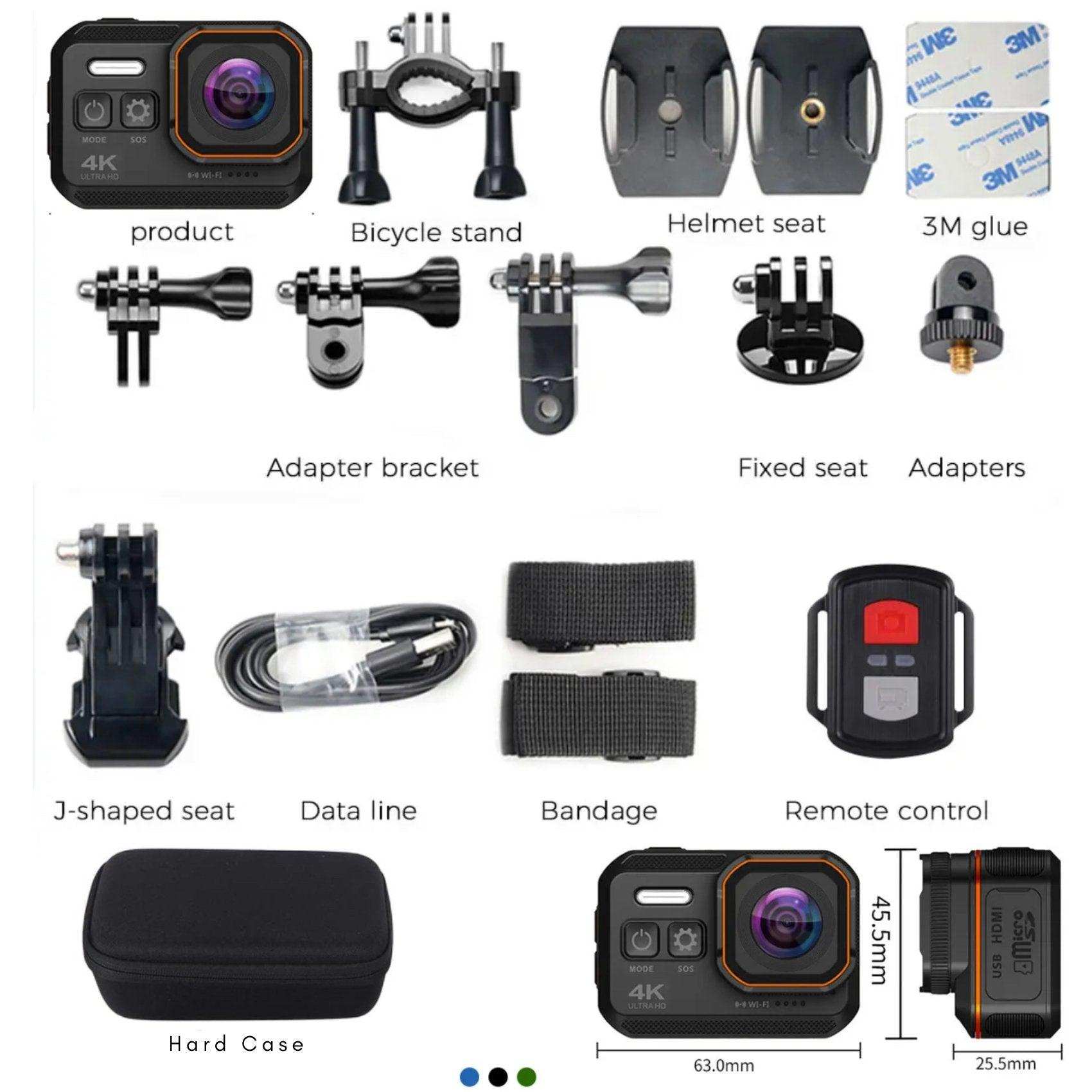 TUTT 4K 60fps 20MP Waterproof Action Camera Dash Cam 2” IPS Display IP68 Waterproof Underwater Wi-fi Motion Camera Hamlet Vlogging Hard Case 128GB SanDisk 3 in 1 SD/TF/Charging Kit