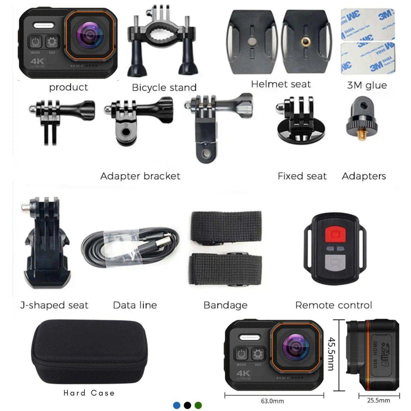 TUTT 4K 60fps 20MP Waterproof Action Camera Dash Cam 2” IPS Display IP68 Waterproof Underwater Wi-fi Motion Camera Hamlet Vlogging Hard Case 128GB SanDisk 3 in 1 SD/TF/Charging Kit