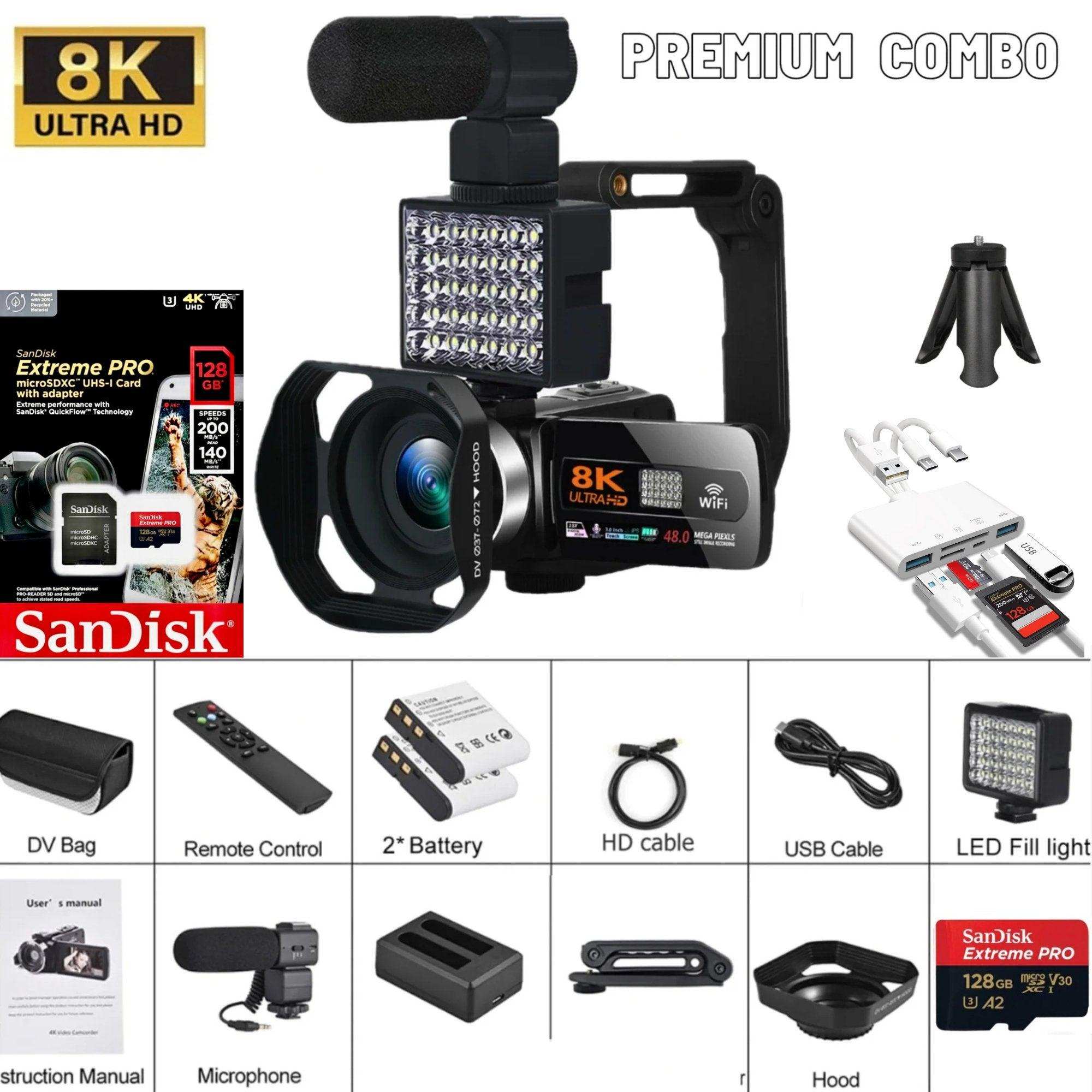TUTT 8K 48MP Camcorder WIFI Digital Video Camera Recorder | Premium Combo 128GB SanDisk 2 Batteries