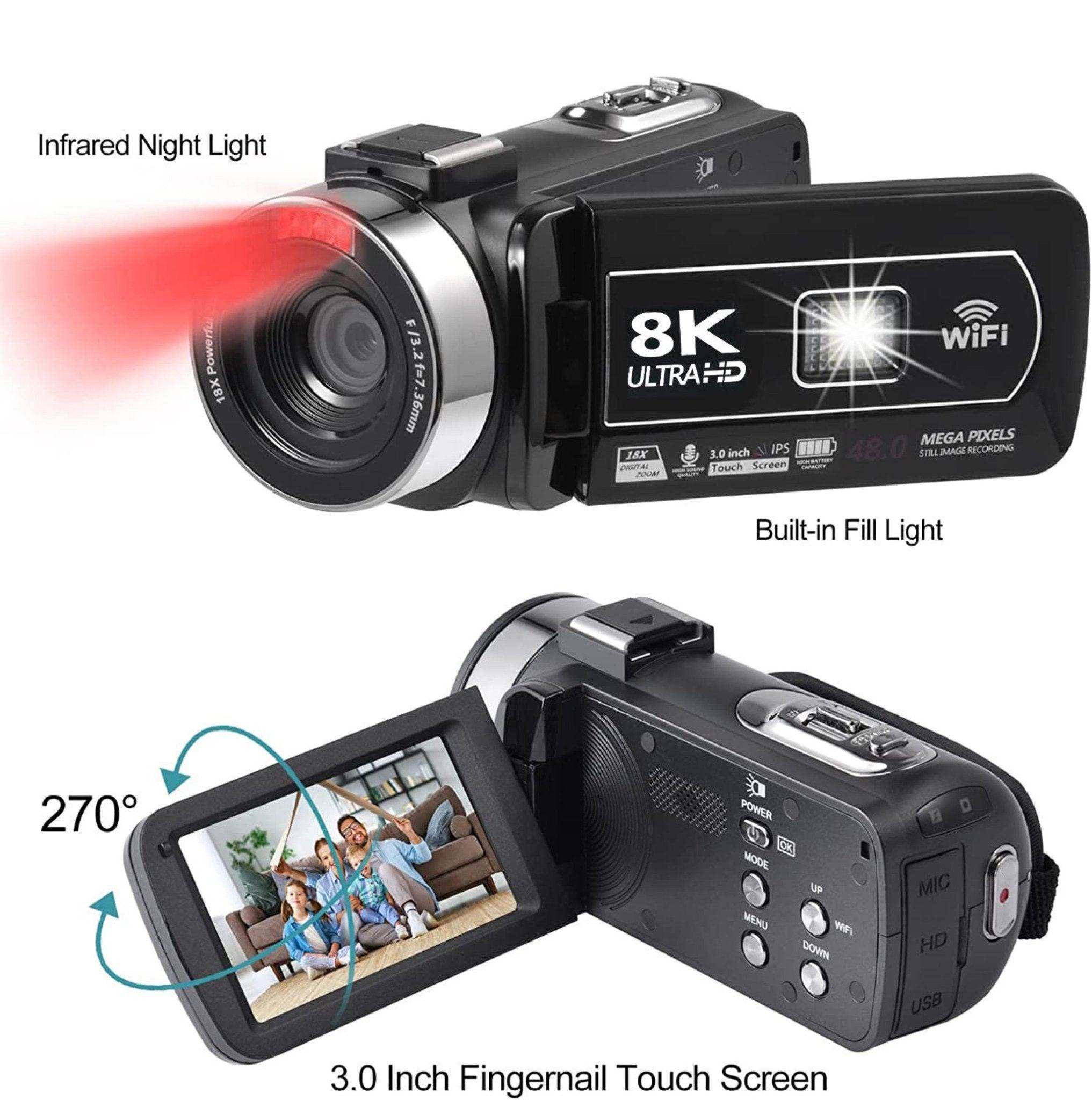 TUTT 8K 48MP Camcorder WIFI Digital Video Camera Recorder | Premium Combo 128GB SanDisk 2 Batteries