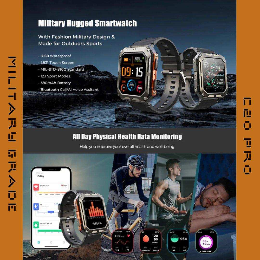 TUTT Smartwatch for Men Military Rugged | Speaker Pedometer IP68 Waterproof 1.83'' HD Tactical Smart Watch Fitness and Health Tracking Long Battery Life C20-Pro