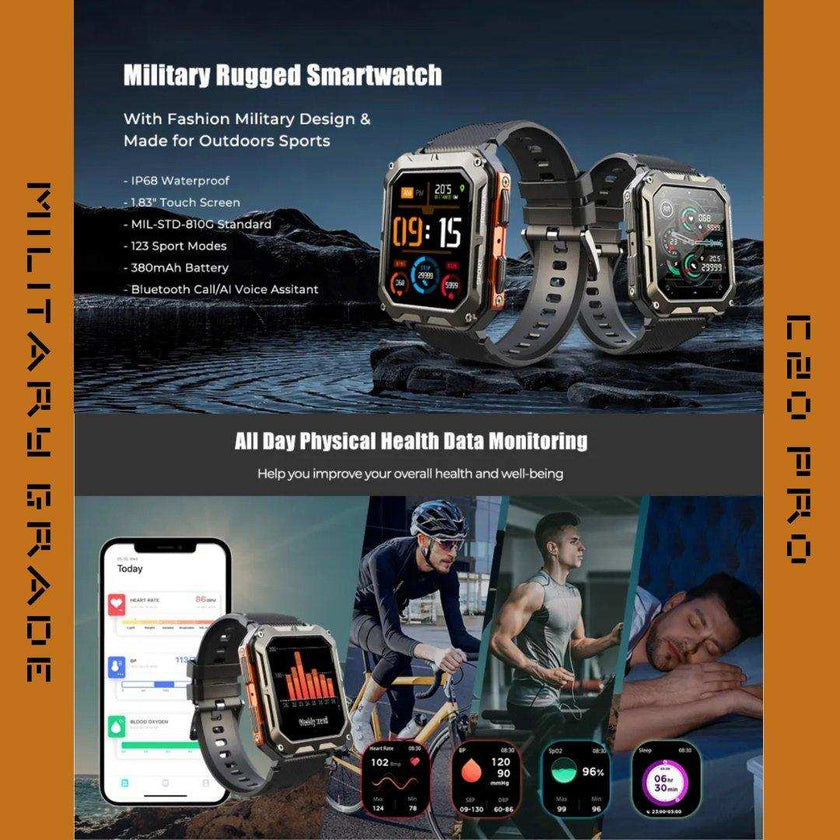 TUTT Smartwatch for Men Military Rugged | Speaker Pedometer IP68 Waterproof 1.83'' HD Tactical Smart Watch Fitness and Health Tracking Long Battery Life C20-Pro