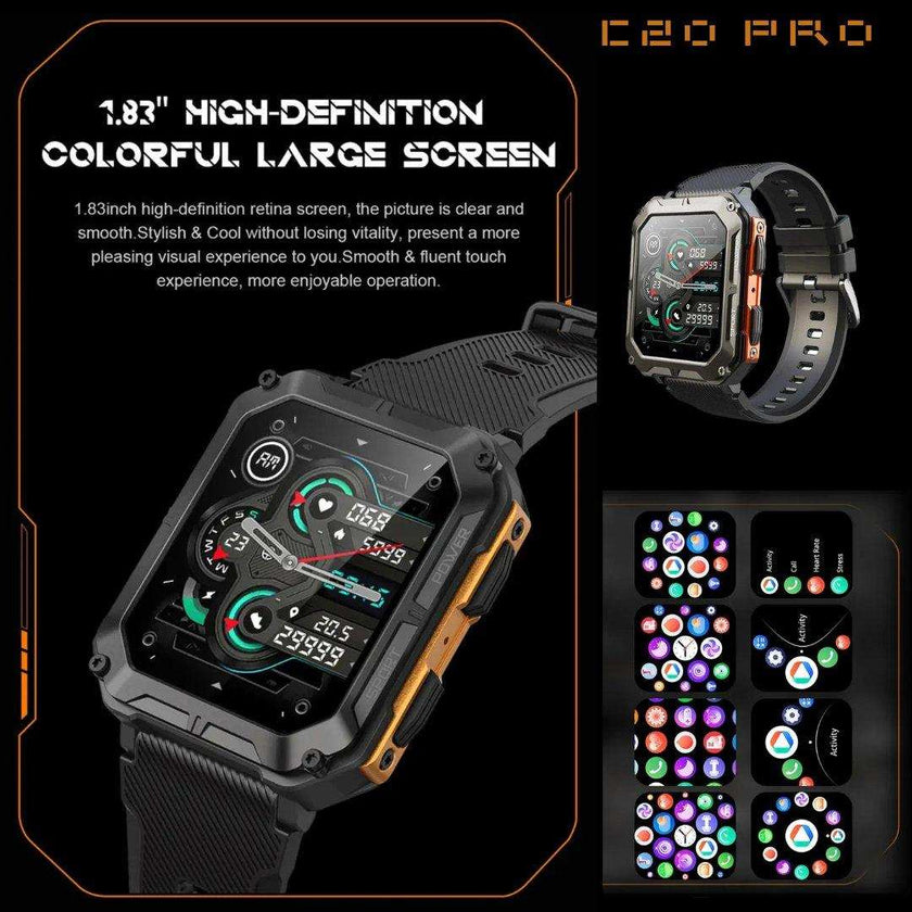 TUTT Smartwatch for Men Military Rugged | Speaker Pedometer IP68 Waterproof 1.83'' HD Tactical Smart Watch Fitness and Health Tracking Long Battery Life C20-Pro