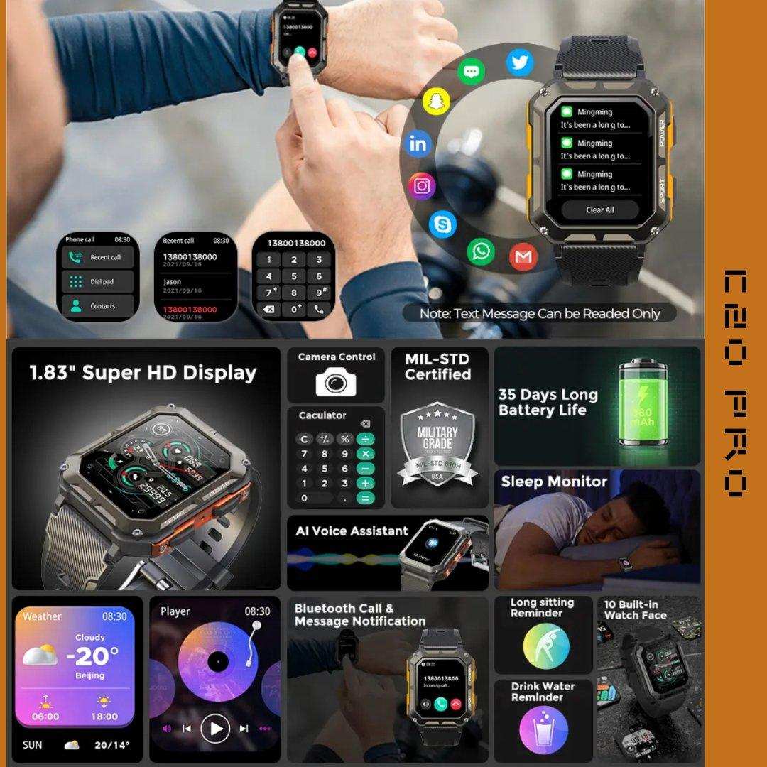 TUTT Smartwatch for Men Military Rugged | Speaker Pedometer IP68 Waterproof 1.83'' HD Tactical Smart Watch Fitness and Health Tracking Long Battery Life C20-Pro