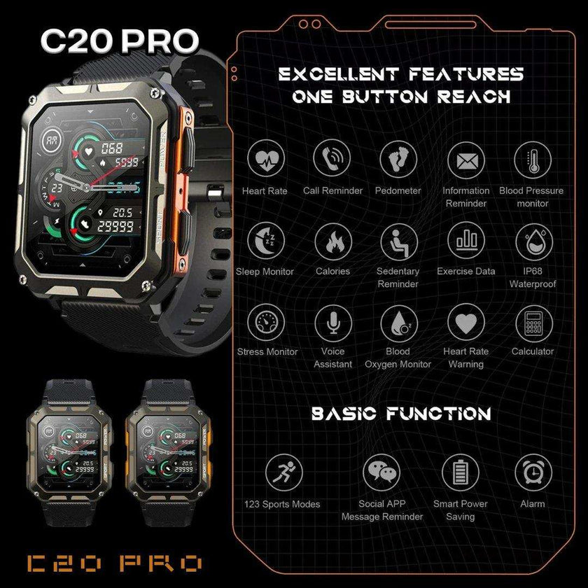 TUTT Smartwatch for Men Military Rugged | Speaker Pedometer IP68 Waterproof 1.83'' HD Tactical Smart Watch Fitness and Health Tracking Long Battery Life C20-Pro
