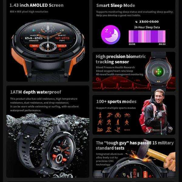 TUTT Smartwatch for Men | 1 ATM 10 Meter Depth AMOLED screen  | 410mah Long Battery Life Fitness Health Tracking Smart Watch Military Rugged  C25