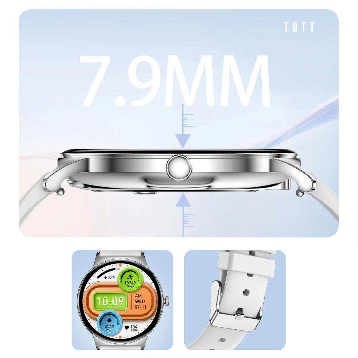 TUTT  Classic Smartwatch for Women Men AMOLED 1.43”  | Ultra-Thin Frame | Always-on-Display | Fitness Health Tracker V89 Pro | Two Straps: Steel & Rubber | Smart Watch for Android iOS