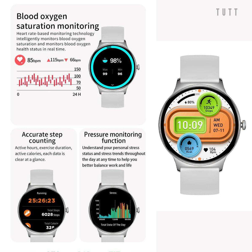 TUTT  Classic Smartwatch for Women Men AMOLED 1.43”  | Ultra-Thin Frame | Always-on-Display | Fitness Health Tracker V89 Pro | Two Straps: Steel & Rubber | Smart Watch for Android iOS