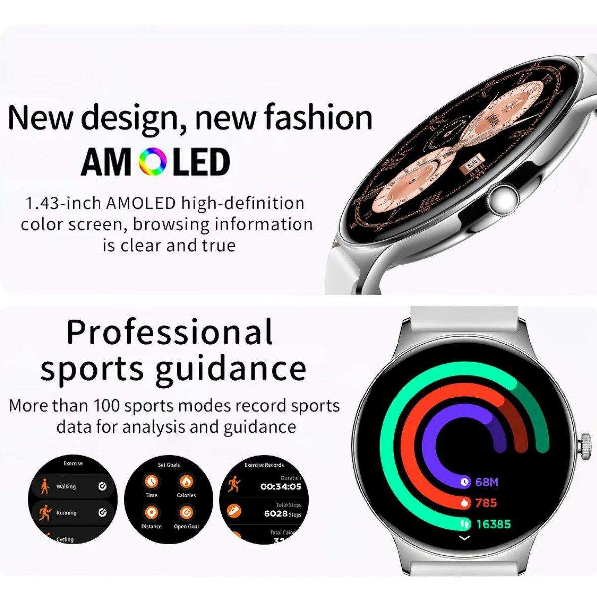 TUTT  Classic Smartwatch for Women Men AMOLED 1.43”  | Ultra-Thin Frame | Always-on-Display | Fitness Health Tracker V89 Pro | Two Straps: Steel & Rubber | Smart Watch for Android iOS