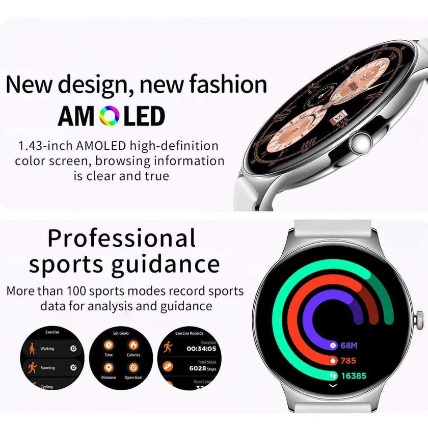 TUTT  Classic Smartwatch for Women Men AMOLED 1.43”  | Ultra-Thin Frame | Always-on-Display | Fitness Health Tracker V89 Pro | Two Straps: Steel & Rubber | Smart Watch for Android iOS