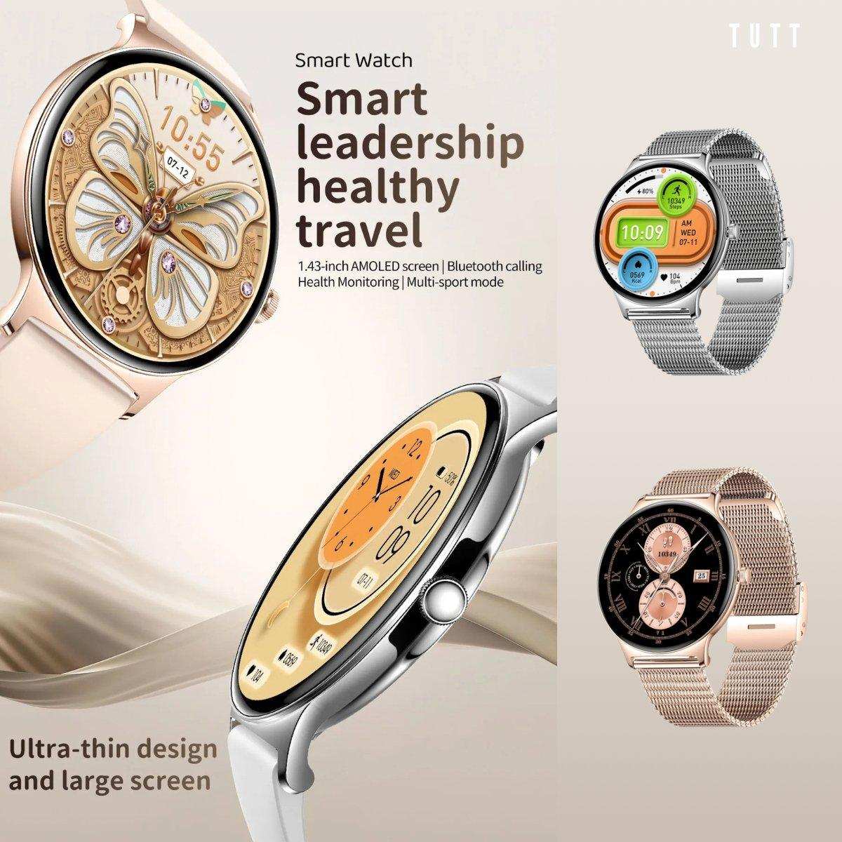 TUTT  Classic Smartwatch for Women Men AMOLED 1.43”  | Ultra-Thin Frame | Always-on-Display | Fitness Health Tracker V89 Pro | Two Straps: Steel & Rubber | Smart Watch for Android iOS