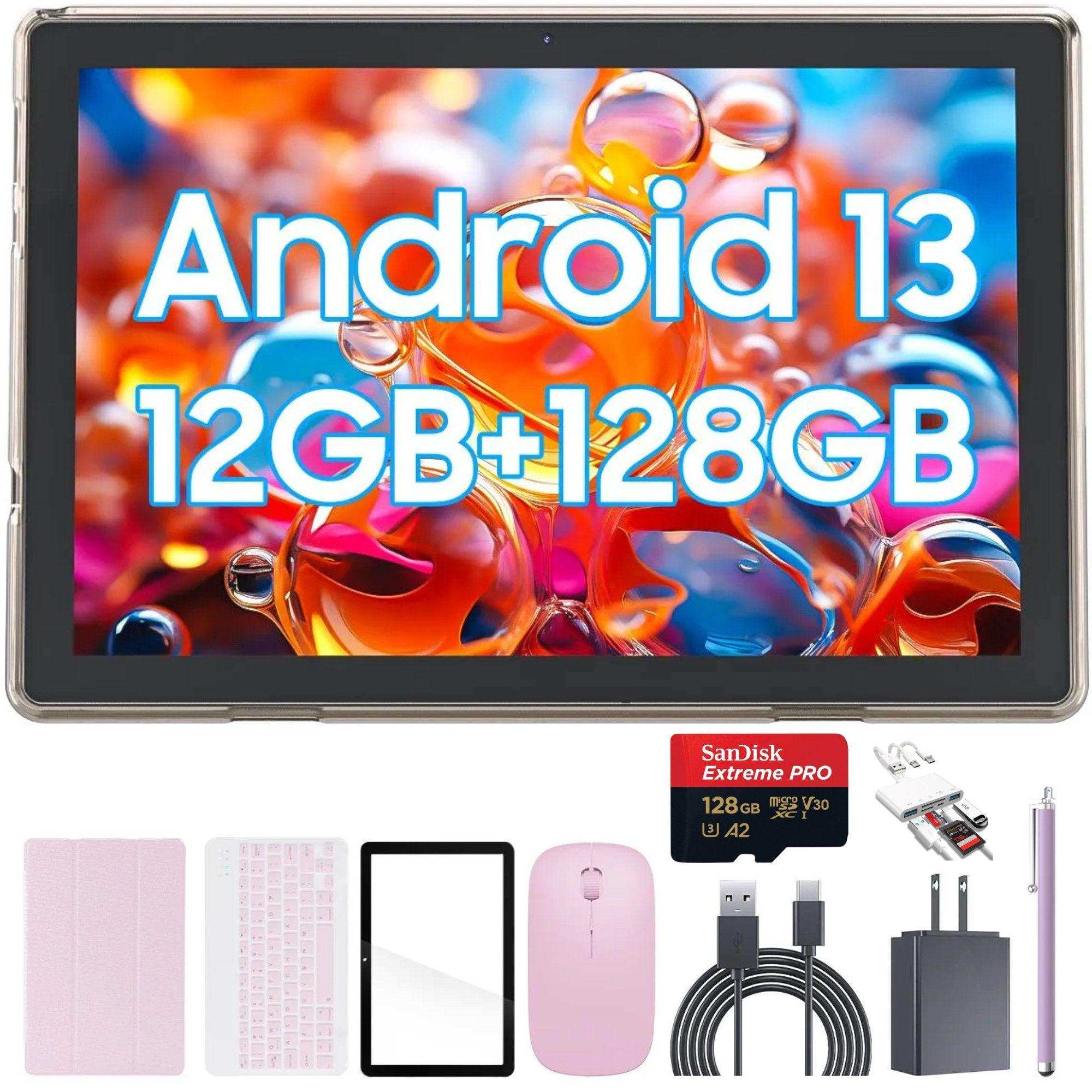 TUTT 10” Tablet Android 13 Keyboard, Mouse, Case, Stylus, 128GB ROM+12GB RAM | Dual Camera CP20 128GB SanDisk