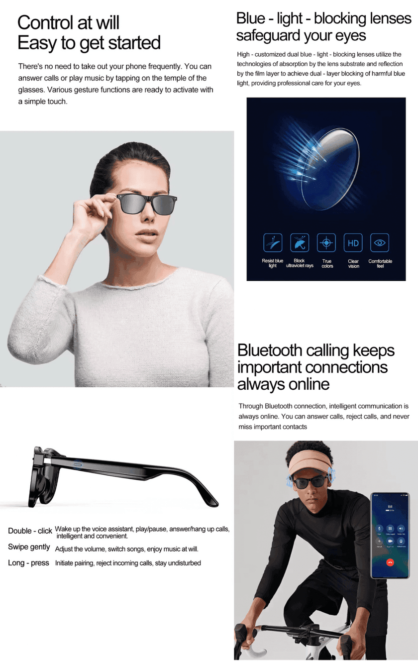 TUTT E8 Smart Bluetooth Sunglasses | AI Voice Assistance Call & Music | HD UV Protection | Anti-Blue Ray